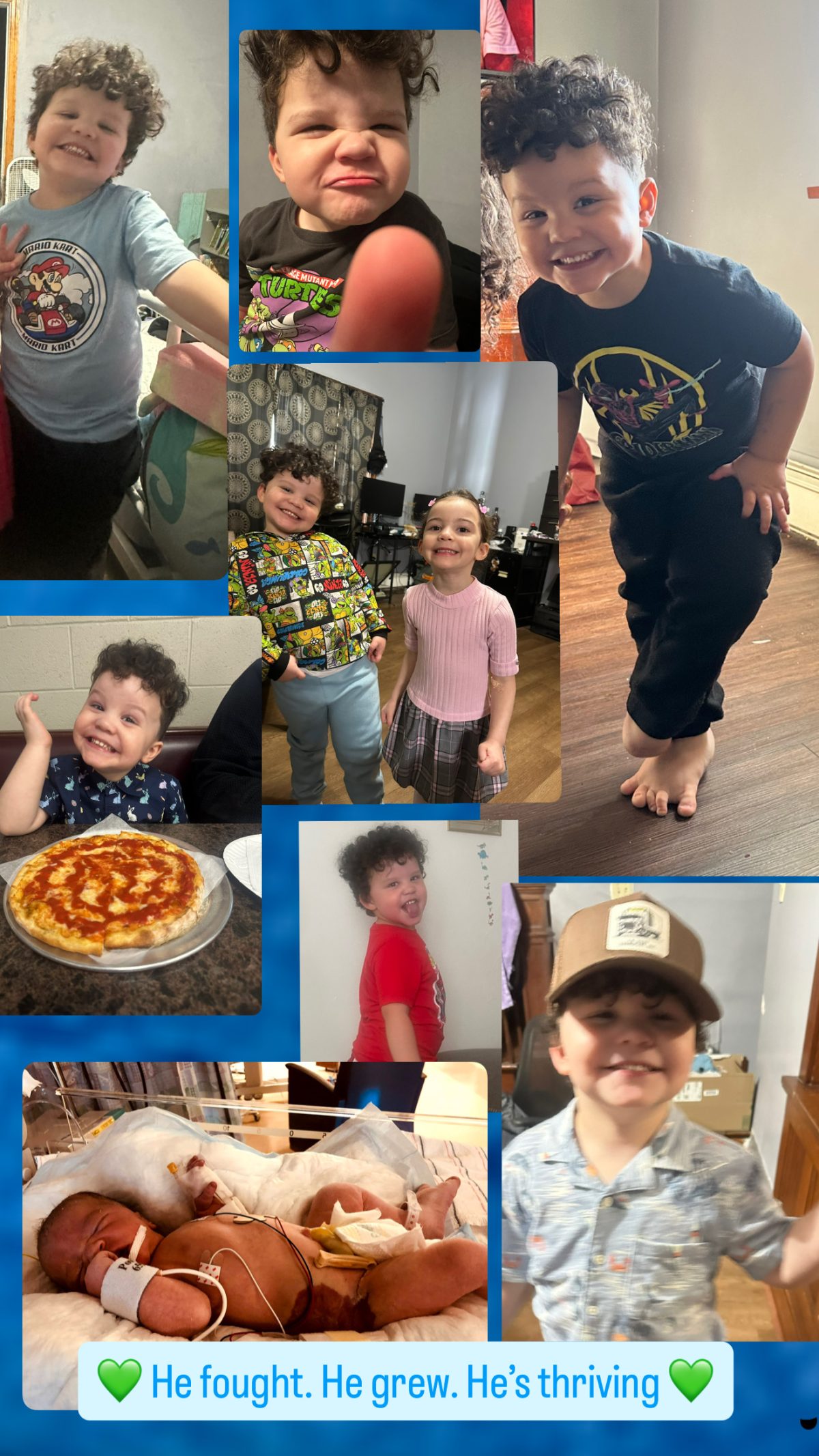 A collage of pictures of a little boy, from an infant in the NICU, to a happy 5-year-old